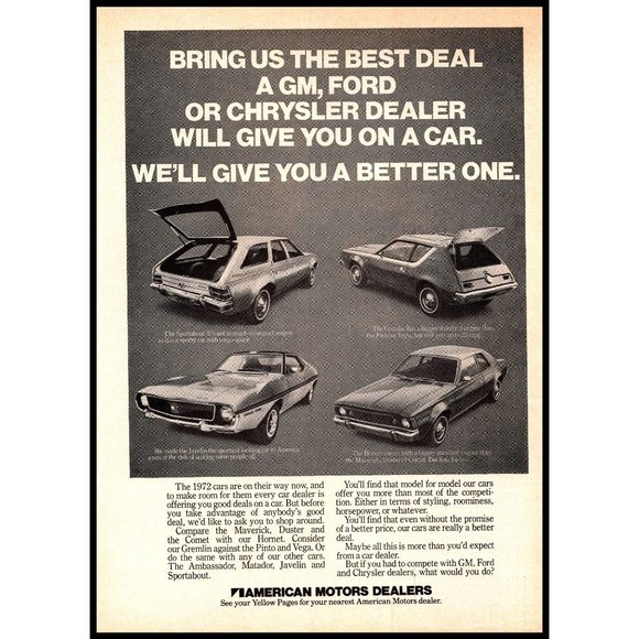 1972 AMC American Motors Car Line Up Vintage Print Ad Javelin Hornet Gremlin Art - Picture 1 of 1